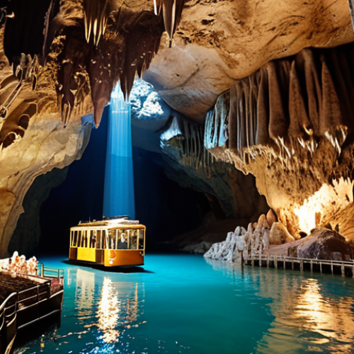 Home 19 **Image of Harrison's Cave:** A tram tour inside a brightly lit cavern, showcasing stunning stalactites and stalagmites. Focus on the geological formations and clear flowing water. Families should be visible, looking amazed.