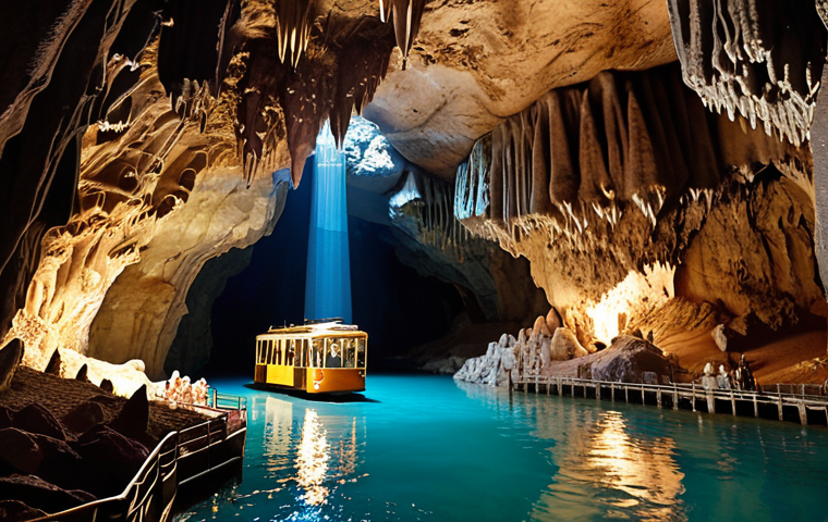 **Image of Harrison's Cave:** A tram tour inside a brightly lit cavern, showcasing stunning stalactites and stalagmites. Focus on the geological formations and clear flowing water. Families should be visible, looking amazed.