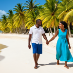A young, happy couple in elegant, modest resort wear, fully clothed, appropriate attire, professional dress, walking hand-in-hand along a wide, powdery white sand beach on the west coast of Barbados. The azure blue, calm water gently laps the shore. In the background, lush green palm trees and a vibrant, yet relaxed, beach bar are visible. The scene is bathed in warm golden hour light. Professional photography, high quality, perfect anatomy, correct proportions, natural pose, well-formed hands, proper finger count, natural body proportions, safe for work, appropriate content, family-friendly.
