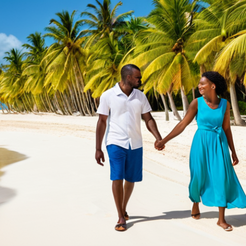 Home 18 A young, happy couple in elegant, modest resort wear, fully clothed, appropriate attire, professional dress, walking hand-in-hand along a wide, powdery white sand beach on the west coast of Barbados. The azure blue, calm water gently laps the shore. In the background, lush green palm trees and a vibrant, yet relaxed, beach bar are visible. The scene is bathed in warm golden hour light. Professional photography, high quality, perfect anatomy, correct proportions, natural pose, well-formed hands, proper finger count, natural body proportions, safe for work, appropriate content, family-friendly.