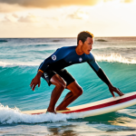 A professional male surfer in a modest full-body rash guard and board shorts, skillfully riding a powerful, well-formed wave at Bathsheba's iconic 'Soup Bowl' in Barbados. The rugged Atlantic coastline with distinctive rock formations is visible in the background under golden hour light. The image features perfect anatomy, correct proportions, natural pose, well-formed hands, proper finger count, and natural body proportions. This is professional surfing photography, safe for work, appropriate content, fully clothed, professional, vibrant colors, high dynamic range, breathtaking natural beauty, family-friendly.