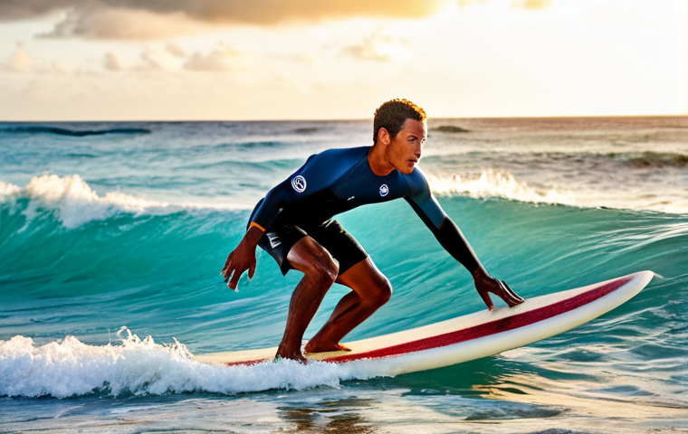 A professional male surfer in a modest full-body rash guard and board shorts, skillfully riding a powerful, well-formed wave at Bathsheba's iconic 'Soup Bowl' in Barbados. The rugged Atlantic coastline with distinctive rock formations is visible in the background under golden hour light. The image features perfect anatomy, correct proportions, natural pose, well-formed hands, proper finger count, and natural body proportions. This is professional surfing photography, safe for work, appropriate content, fully clothed, professional, vibrant colors, high dynamic range, breathtaking natural beauty, family-friendly.
