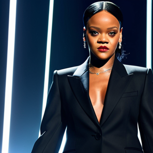 Home 8 A powerful and confident Rihanna, mid-career, with a determined expression. She wears a stylish, modest, and elegant tailored suit, reflecting her artistic maturity and professionalism. She stands on a modern, minimalist stage under professional stage lighting, with subtle abstract artistic elements in the background, hinting at her evolving sound. This is professional studio photography, cinematic lighting, high-resolution, with perfect anatomy, correct proportions, natural pose, well-formed hands, proper finger count, natural body proportions, safe for work, appropriate content, fully clothed, professional, modest, family-friendly.