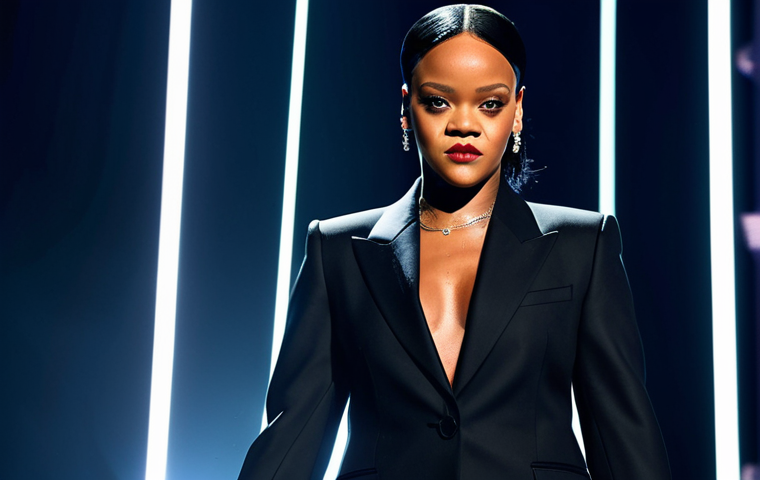 A powerful and confident Rihanna, mid-career, with a determined expression. She wears a stylish, modest, and elegant tailored suit, reflecting her artistic maturity and professionalism. She stands on a modern, minimalist stage under professional stage lighting, with subtle abstract artistic elements in the background, hinting at her evolving sound. This is professional studio photography, cinematic lighting, high-resolution, with perfect anatomy, correct proportions, natural pose, well-formed hands, proper finger count, natural body proportions, safe for work, appropriate content, fully clothed, professional, modest, family-friendly.